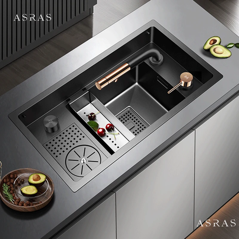 Asras Nanometer Hidden Cover Cup Rinser kitchen Island Sinks 4mm Thickness Handmade Sinks With Lifting Faucet