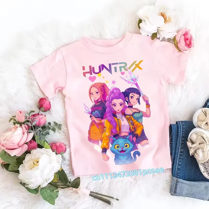 Children's Anime-Inspired Demon Hunters T-Shirt - K-pop Cartoon Pattern, Casual Girls' Top, Gift Option