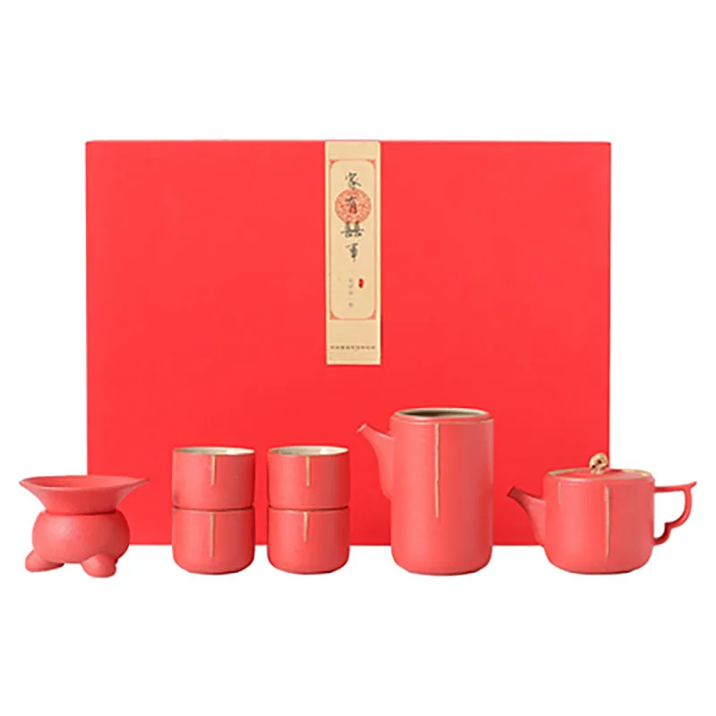 Traditional Chinese Tea Set, Porcelain Teapot, Stainless Steel, Tea Strainer, Cup, Bride and Groom Gifts, Traditional Red, Wed