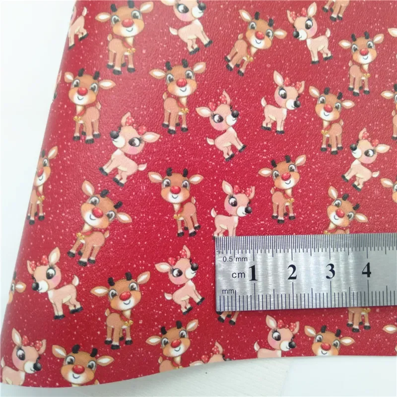 Red Glitter leather, Santa Claus Printed Glitter Fabric, Elks Snowflakes Printed Synthetic Vinyl Leather For DIY 21x29CM Q269