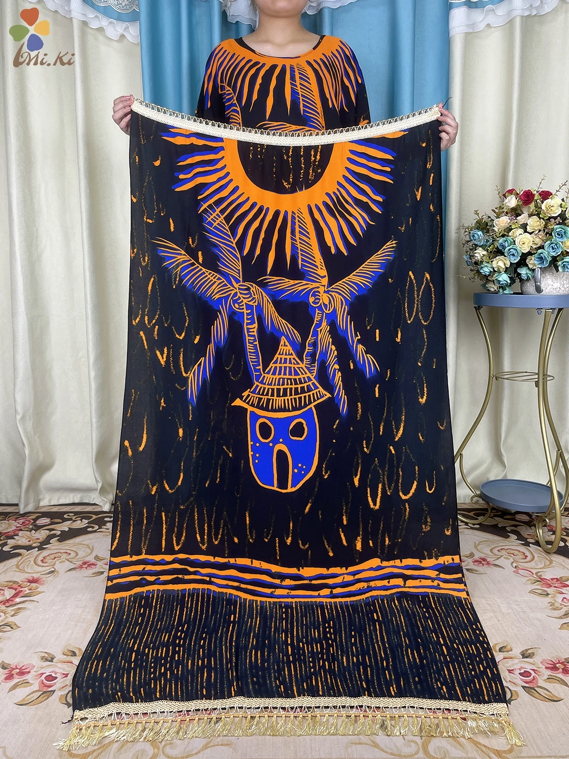 New African Women Short Sleeve Dress Cotton Loose Fit Dress Paired with Fringe Scarf Dress Dubai Dress Islamic Women Clothing