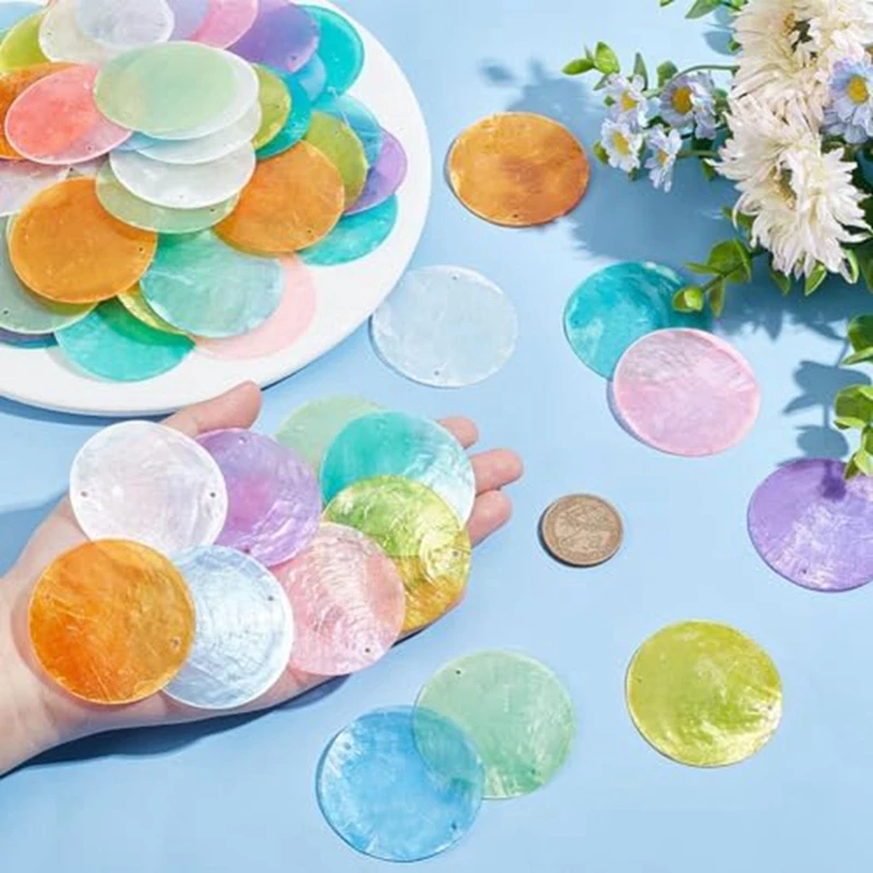 2Inch Round Sliced Capiz Shell Disc Sea Shell Coin Bead Connector with 1.5mm Dual Holes for Crafting