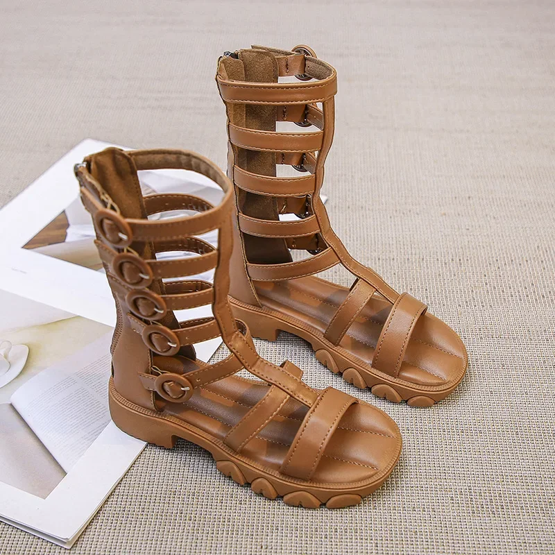Sandalias romanas de caña alta para niña, zapatos de princesa con