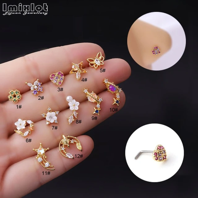 1pc Stainless Steel L-shaped Nose Stud/nose Ring With Single Red Cz Flower  Petal Design, Silver/gold Tone