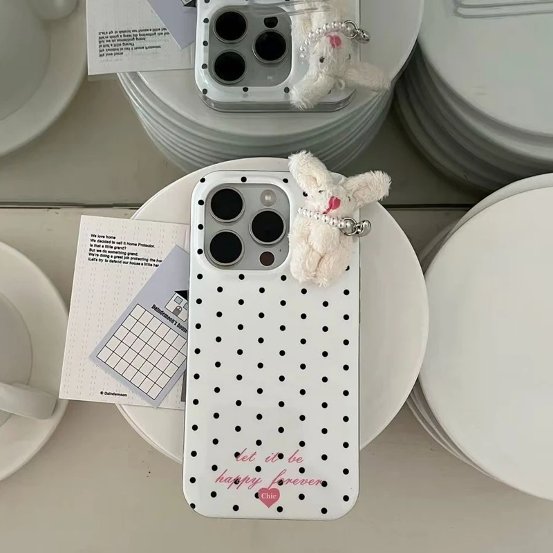 3D Plush Rabbit Polka Dot Phone Case with Plastic Detail