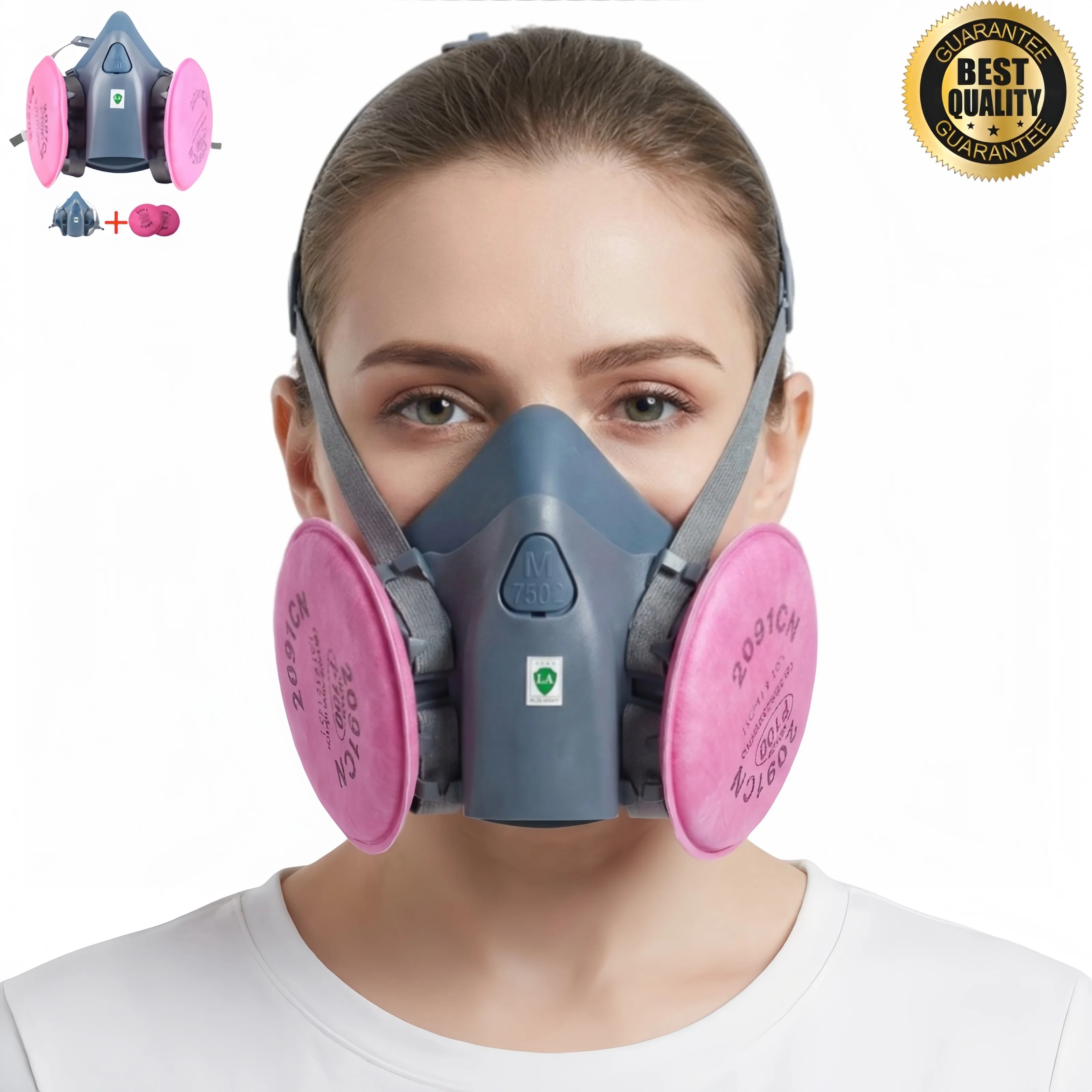Masque FFP2 FFP3 avec filtres et lunettes, lot 8 en 1, présenté sur fond blanc.