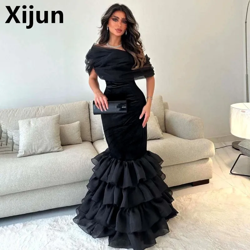 

Xijun Mermaid Black Tiered Ruffles Evening Party Dresses Off Shoulder Floor Length Saudi Arabia Formal Prom Dresses