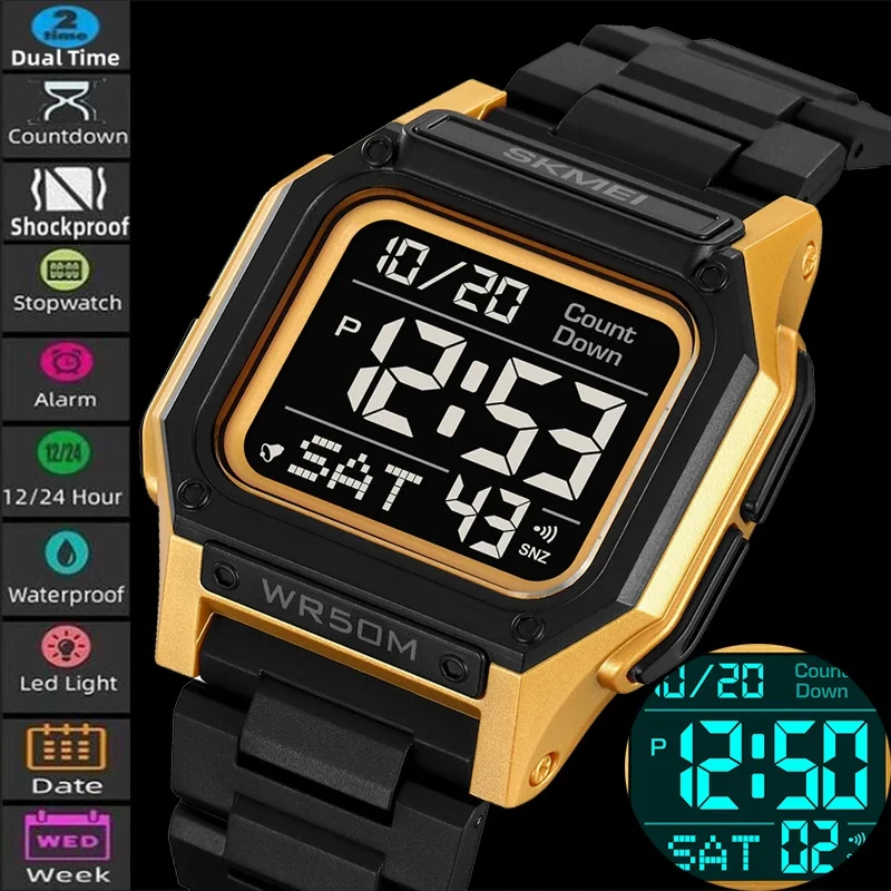 Skmei 5 Bar Waterproof Fashion Men's Sports Watch Dual Time Zone 12 24 Hour Format LED Light Digital Wristwatch Male Alarm Clock