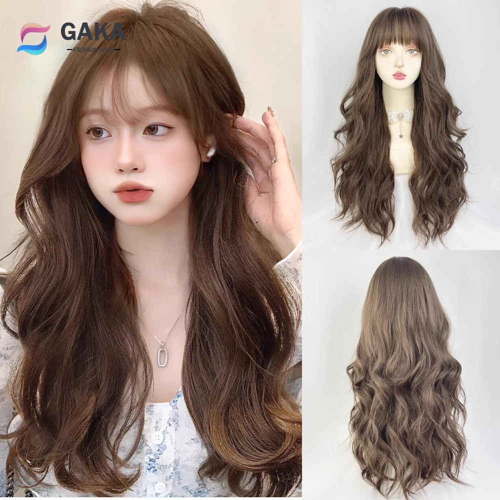 GAKA Brown Synthetic Long Wave Wig with Bangs Fluff Lolita Cosplay Heat Resistant Wome Hair Wig for Daily Party 4 colors available 2022 new arrival hong kong style fluffy black skirt feather embroidered fairy tulle skirt party clothing wome