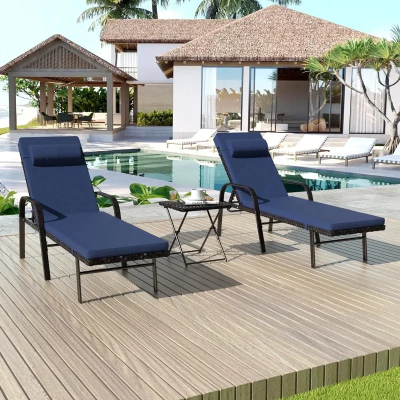 ZHENXIANG Patio Chaise Lounge Sets Outdoor Armchair Recliner Rattan Adjustable Back 3 Pieces Cushioned Patio Folding Chaise