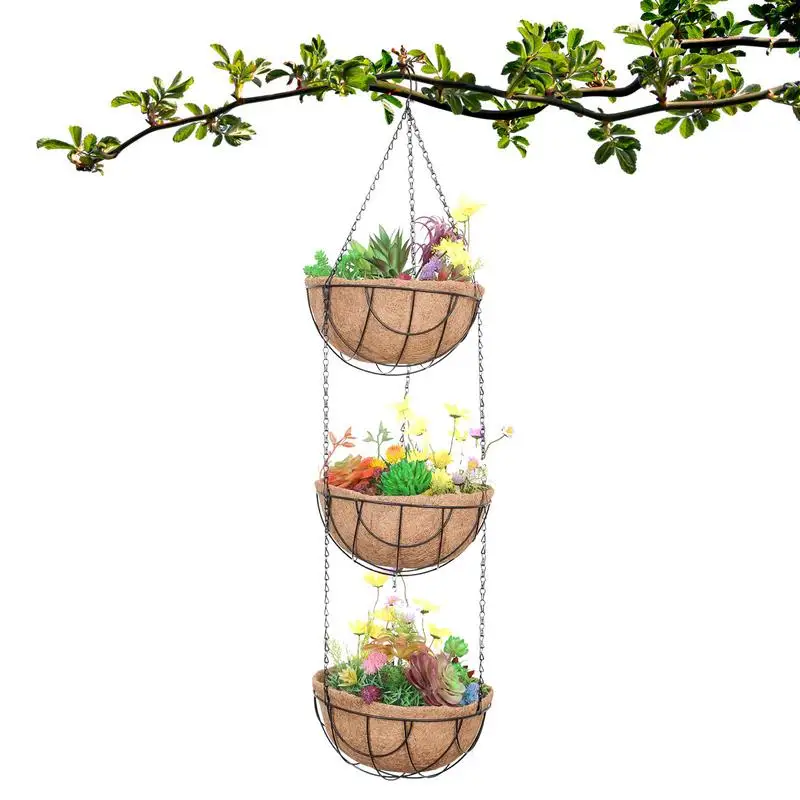 

Metal Hangings Planter Basket Metal Outdoor Three Layer Hangings Basket With Coco Coir Liner Plant Holder Porch Pots Hanger