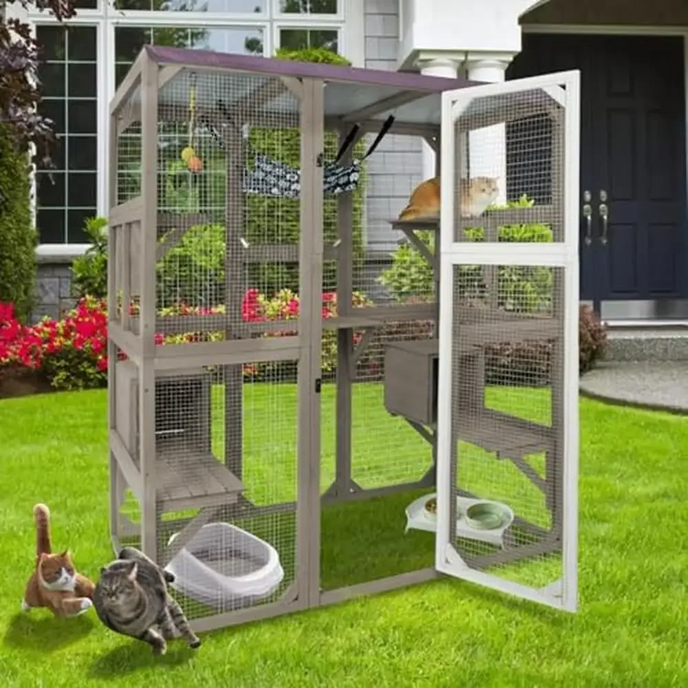 Outdoor Cat Enclosure House Cage Condo Playpen with Multi Platforms Waterproof Shelter Spacious Climbing Sunbathing Sturdy