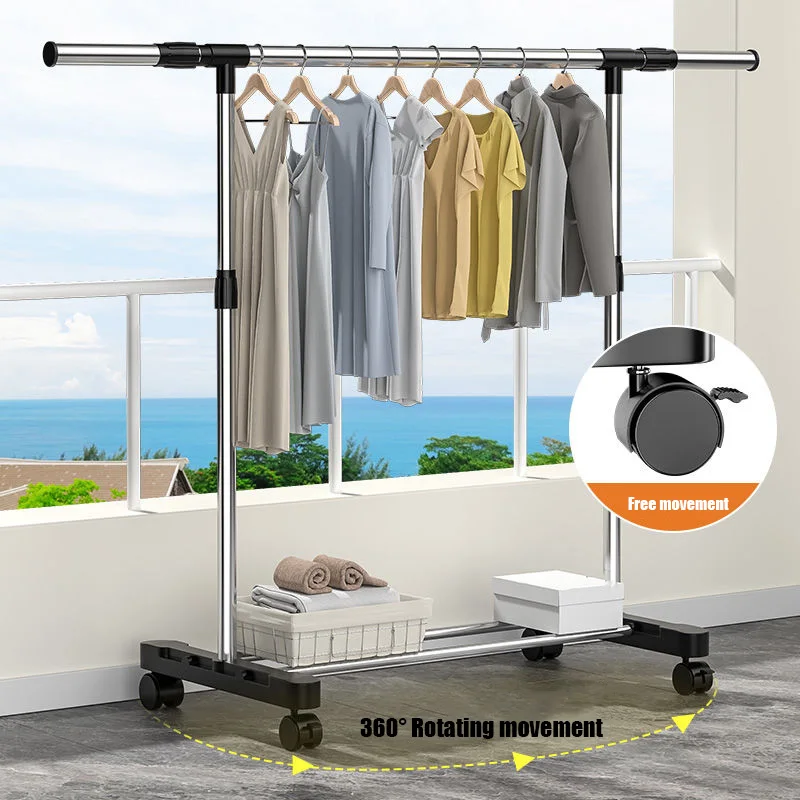 Tainless Steel Floor Drying Rack Double Pole Lifting Clothes Hanger Telescopic Mobile Hanging Clothes Rack Bedroom Coat clothes rack