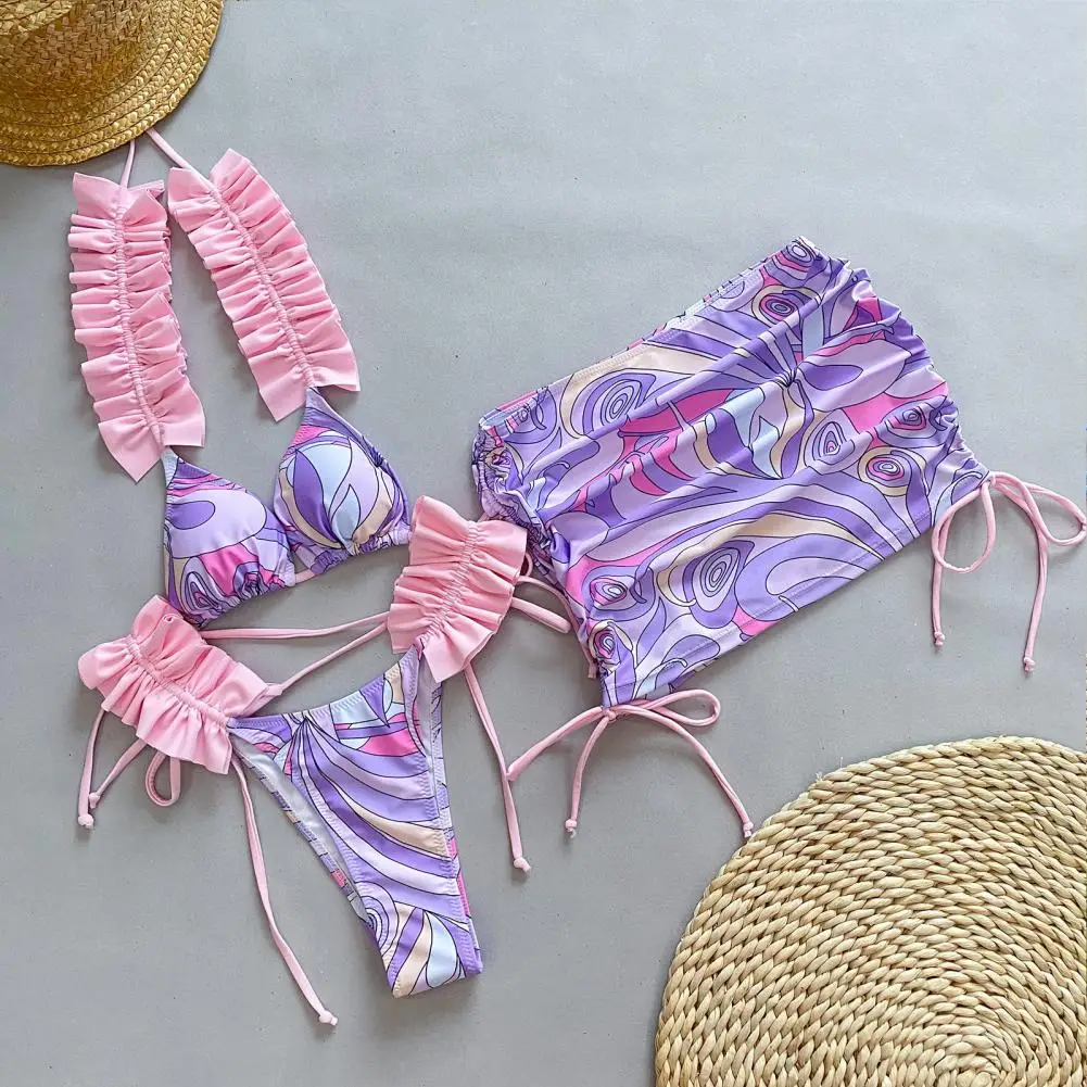 3Pcs Women Bikini Women Swimsuit 2024 Halter Bra Lace-up Briefs Skirt Set Swimming Suit Bathing Suit trajes de baño mujer