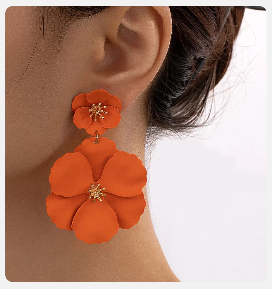Vnox Neue Trendige Sprühlackierte Bunte Blumen-Ohrringe Exquisite Niedliche Doppelschichtige Blumen-Charm-Ohrhänger Geschenk – Detail 5