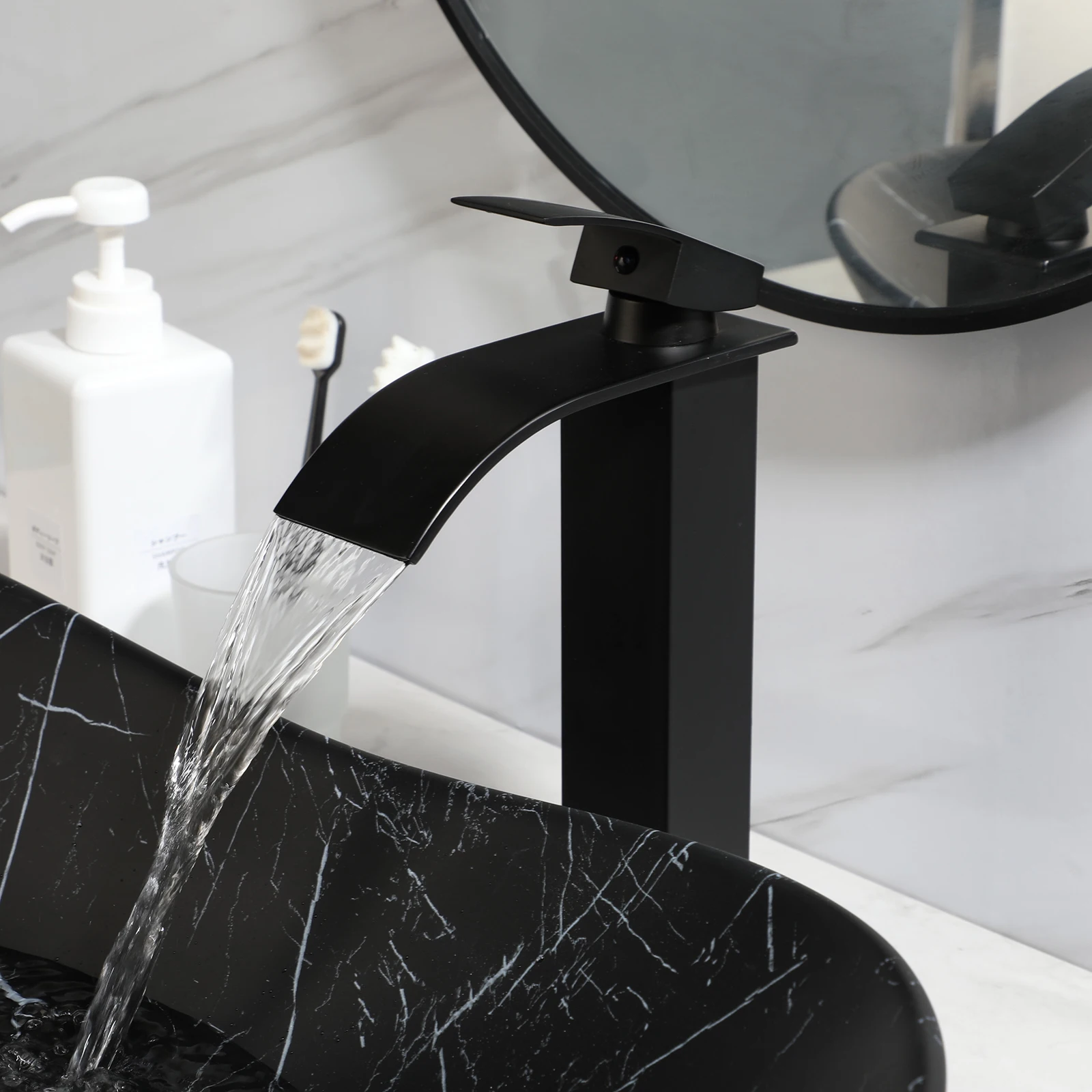 KEMAIDI Black Ceramic Vessel Sink with Faucet and Drain Combo 24 inch Oval Above Counter Bathroom Sink Bowl with Marbling Basin 2