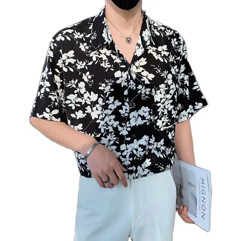 

2022 New Ice silk men's summer tide brand printing short-sleeved handsome thin casual M-3XL personality inch shirt
