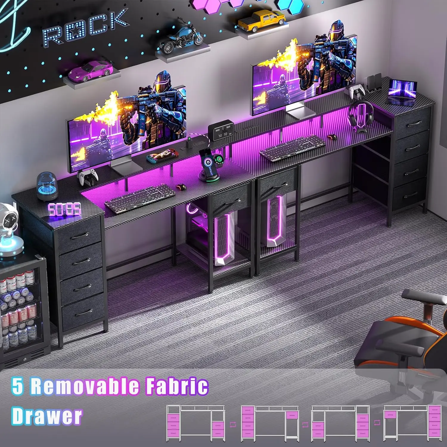 47 Inch Computer Gaming Desk with Power Outlets & LED Lights Reversible Home Office Desk with Adjustable 5 Fabric Storage Drawer