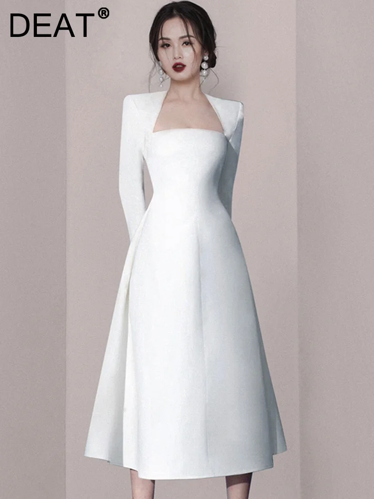 

Женское платье средней длины DEAT, однотонное платье-трапеция с длинным рукавом и высокой талией, модель 15KB118 на весну и лето, 2024