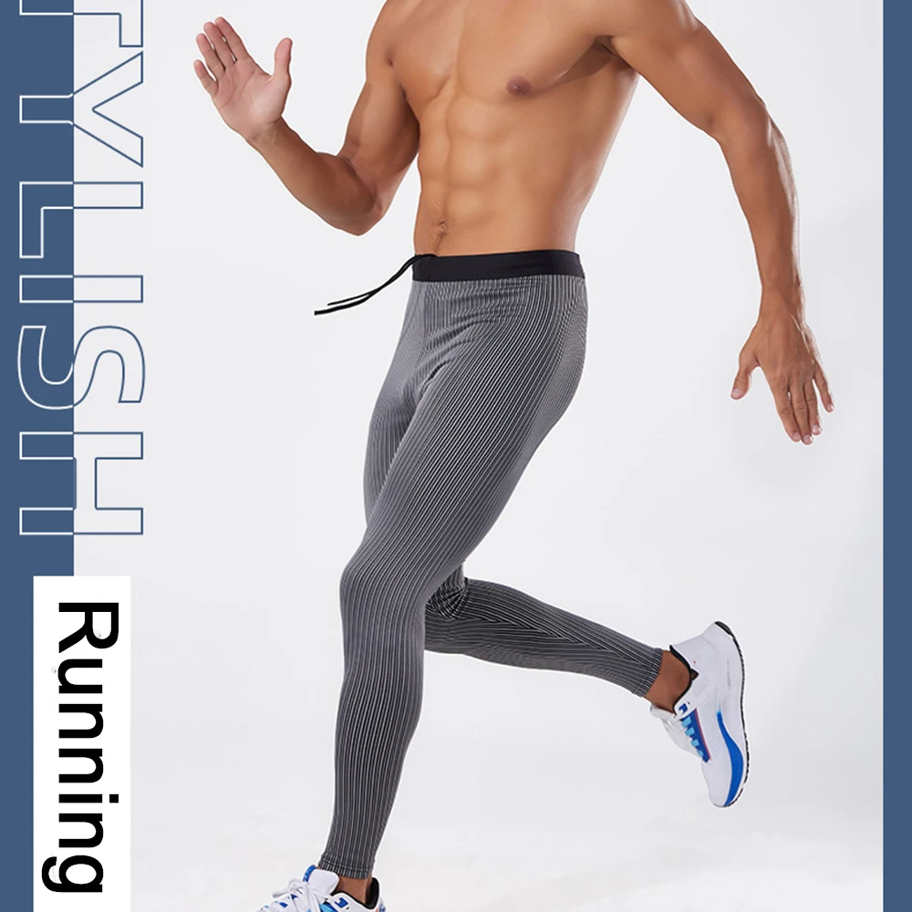 Man Sports First Layer Leggings Strip Pants Zipper Back Pocket Gym Wear Tights Running Fitness Compression Trousers Workout