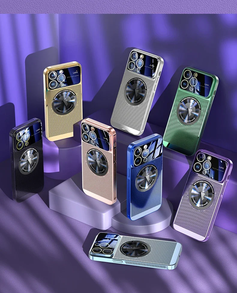 Plated Mesh Glass Lens Heat Dissipation Magnetic Phone Case with Enlarged Logo