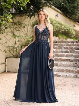 Spaghetti Straps Navy Blue A Line Evening Dresses 2025 Elegant Beaded Appliques Illusion Prom Gowns Formal Party Vestido De Gala 1