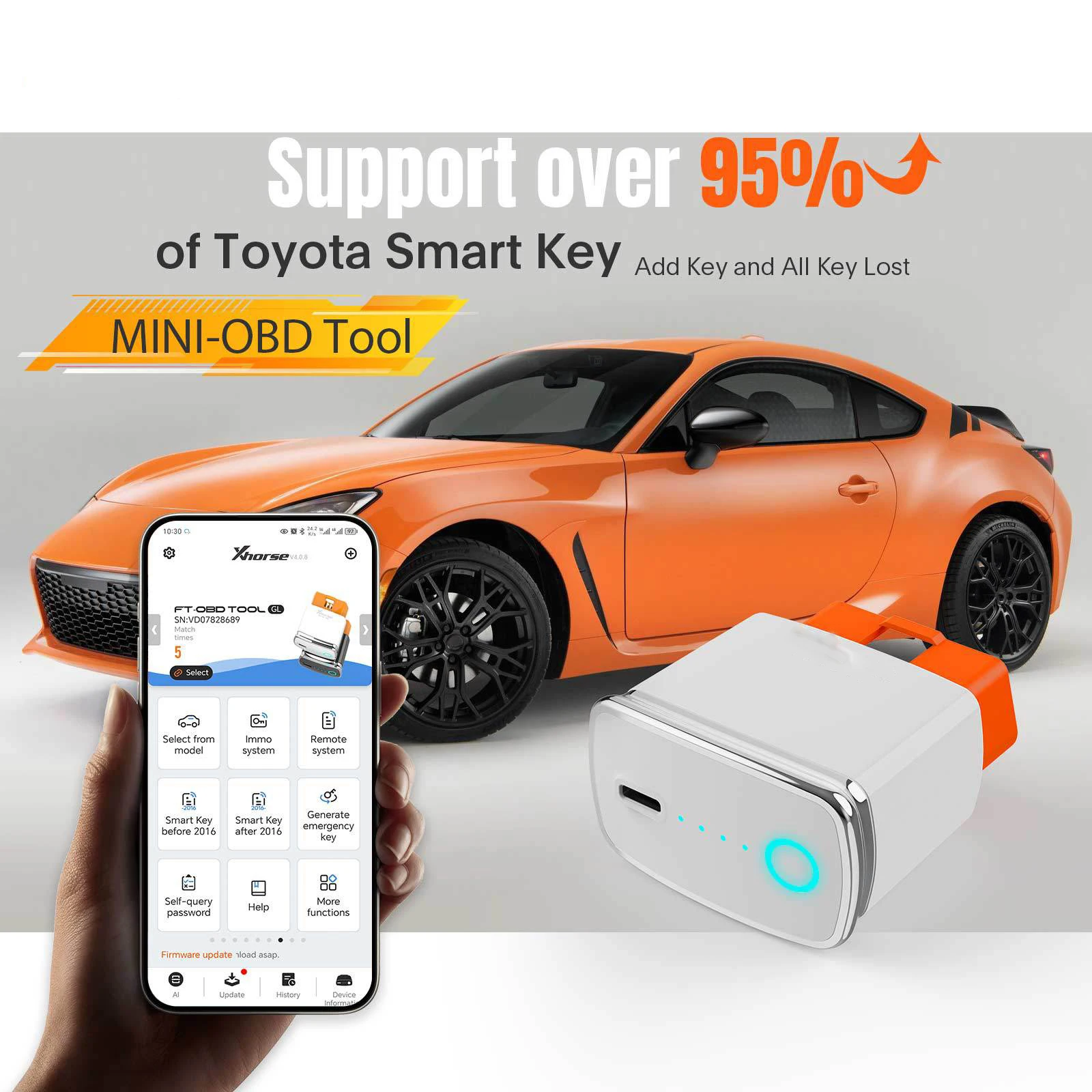 Key Fob Programming Tool OBD2 Diagnostic Tool Xhorse MINI OBD Tool For Toyota Smart Key Generating XM38 Key Add Lost XDMOT0GL Car Remote Programming IMMO FT-OBD Test Function