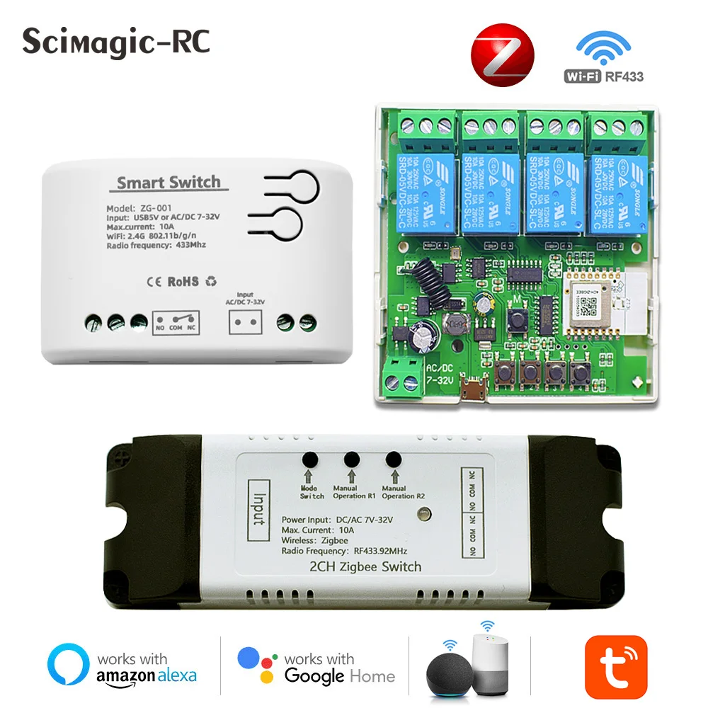 

Zigbee 3.0 1/2/4CH RF Smart Switch 12V 24V 220V AC DC WIFI Tuya Smart Life Remote Control 433 Light Switch 10A Relay Alexa