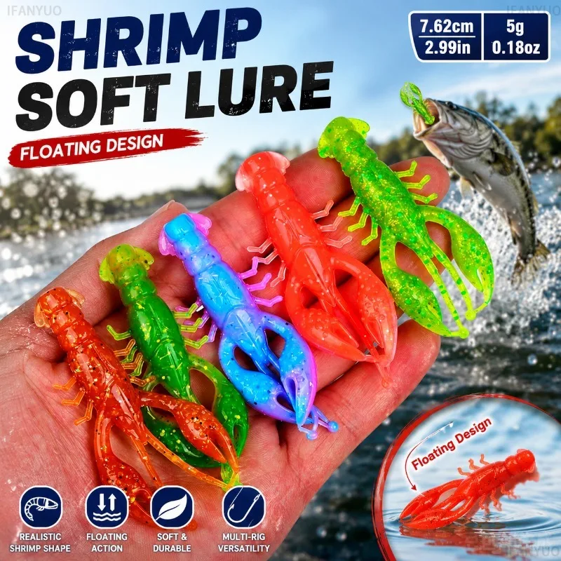 7.62CM Floating Shrimp Soft Fishing Lure 5G Crawfish Bait Bass Perch Ned Rig