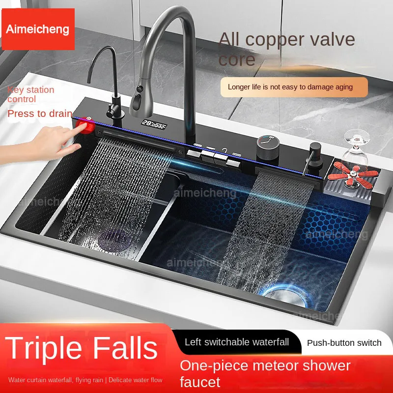 5 ปุ่มคุณภาพสูงรังผึ้งนูนน้ําตกอ่างล้างจานสแตนเลสขนาดใหญ่อ่างล้างหน้าขนาดใหญ่ชามเดี่ยว 1