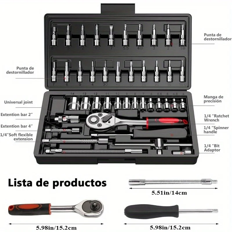 46pcs Ratchet Wrench Set with Chrome Vanadium Steel Sockets-Metric&Imperial,Ideal for Auto & Home Repairs, Durable Extension Bar