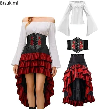 Costume femminile retrò medievale rinascimentale Set da 3 pezzi Gonne gotiche con volant Cosplay Costume da pirata per feste di Halloween