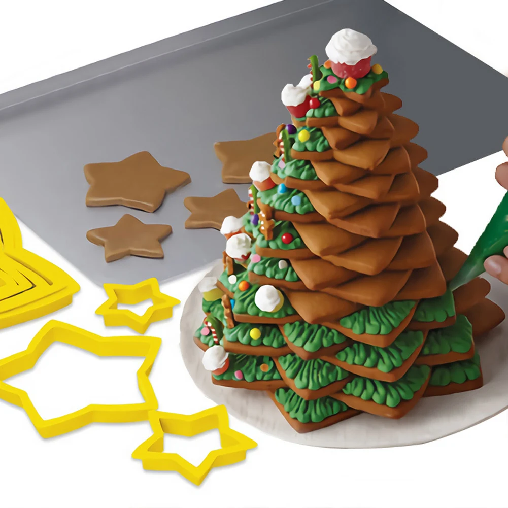 6pcs/Set Christmas Tree Cookie Cutter Cookie Cutter Baking Mold Cookie Mould Cookie Maker Press Kit Xmas Plastic DIY 3D New Year Biscuits Gingerbread Mould Maker Stamp Baking Tool