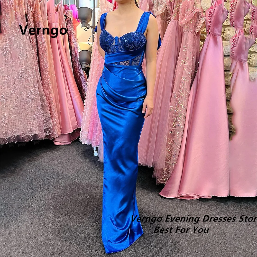 

Verngo Blue Beach Pleat Long Party Dress Sweetheart Bone Spaghetti Straps Prom Gown Sequined Sleeveless Evening Dress