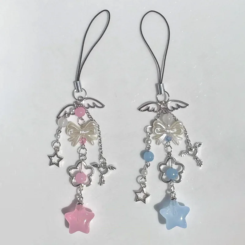 Y2K Blau Rosa Stern Charm Schlüsselflügel Schleife Anhänger Kawaii Niedlicher Engel Schlüsselanhänger Himmlischer Fairycore Schmuck Geschenk Ästhetik 2000er Jahre