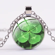  Four Leaf Clover Art Patterns Necklace Clover Flowers Photo Glass Round Metal Pendant Lucky Jewelry Gift for Men or Women 
