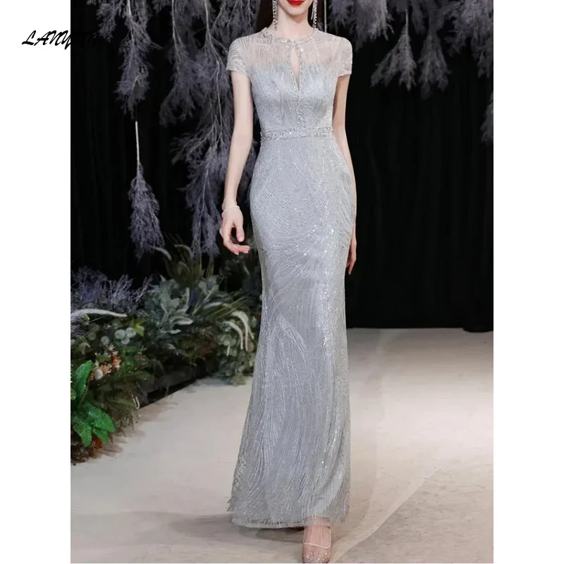 O-neck Sequined Slim Simple Evening Dresses Sleeveless Wedding Party Vestidos Temperament Elegant Prom Dress vestido de festa