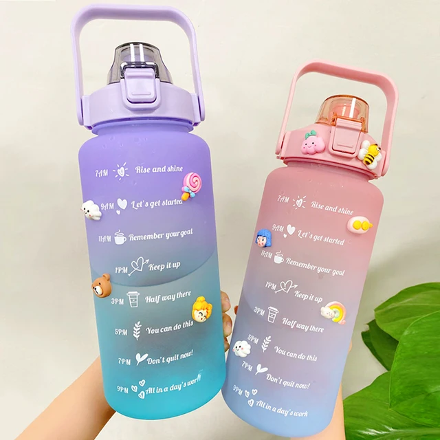 2L Large Capacity Water Bottle With Bounce Cover Time Scale Reminder Frosted Cup With Cute Stickers