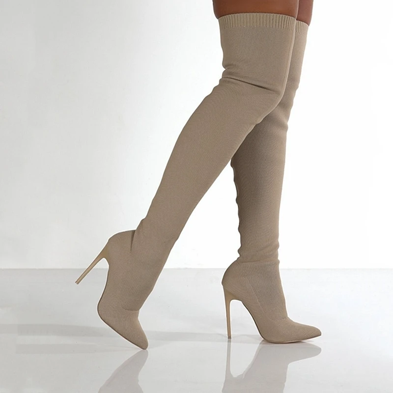 Damen Overknee Stiefel Aus Stretchstoff Mit Spitzer Zehenkappe_voghion.com