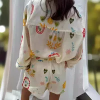 Women Fashion Elastic Waist Two Piece Sets Elegant Floral Print Lapel Long Sleeve Top Short Pants Suit Casual Holiday Outfits - Image 6