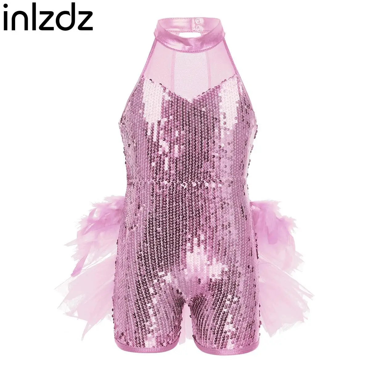 

inIzdz Kids Girls Pure Pink Sleeveless Shiny Sequins Mock Neck Ballet Dance Dresses with Feather 1Pcs Dance Leotard Mesh Costume