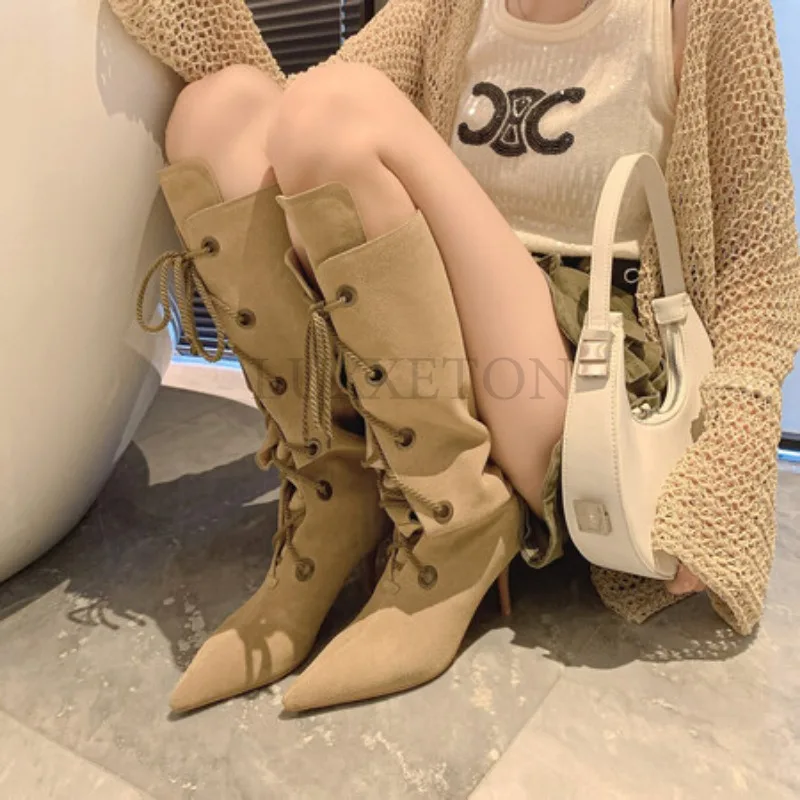 

Pointed Women High Heels Cowhide Suede Long Boots Knee Length Slender Roots Elegant Sexy Slim Fitting Long Leg Knight Boots