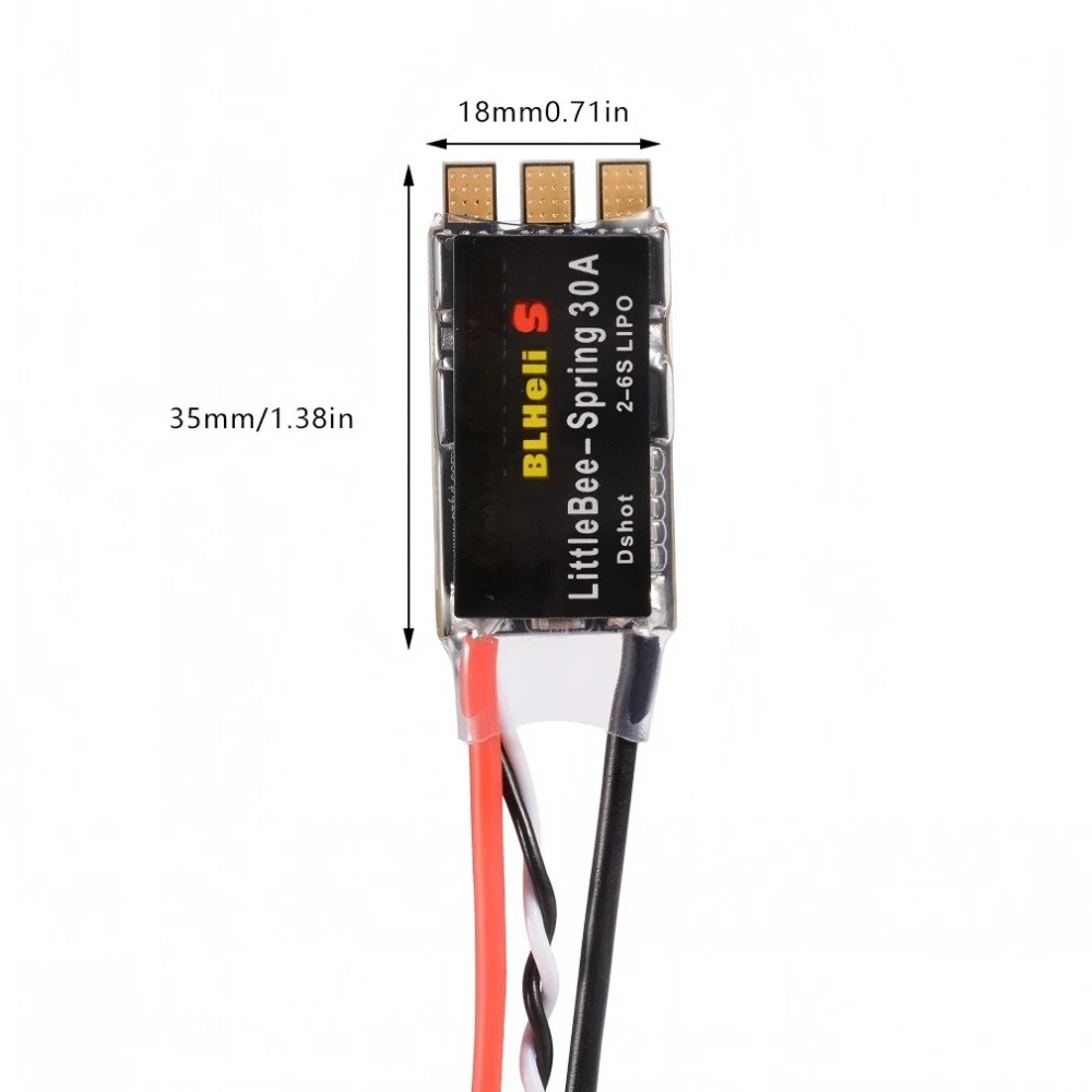 ESC 20A/30A installé sur un drone FPV, avec câbles de signal et d'alimentation visibles.