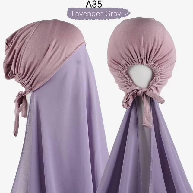 Muslim Women Chiffon Hijab With Cap Bonnet instant Chiffon Hijab Pinles Shawl Head Scarf Under scarf Caps Cover Headwrap A35