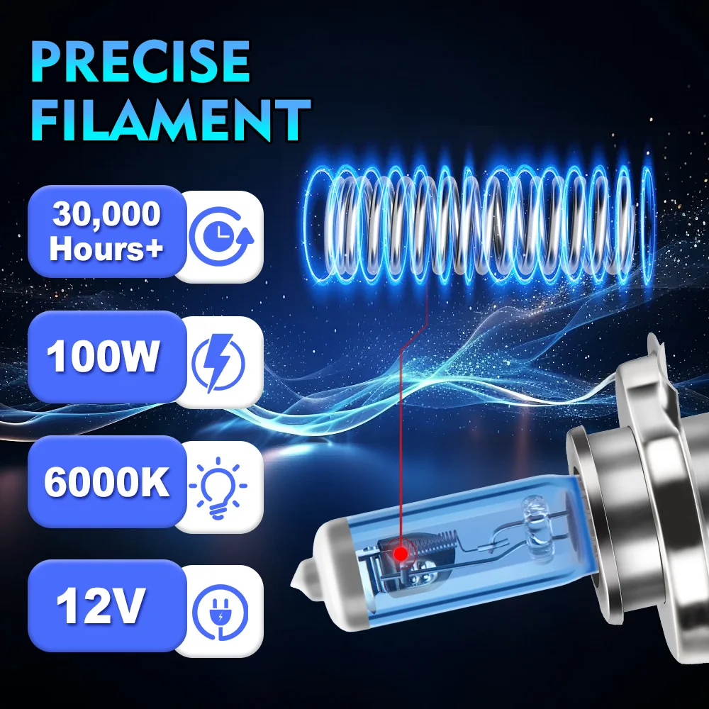 2x H4 제논 화이트 슈퍼 할로겐 헤드라이트 전구 100W 6000K LED 헤드램프 1:1 설치 자동차 전구