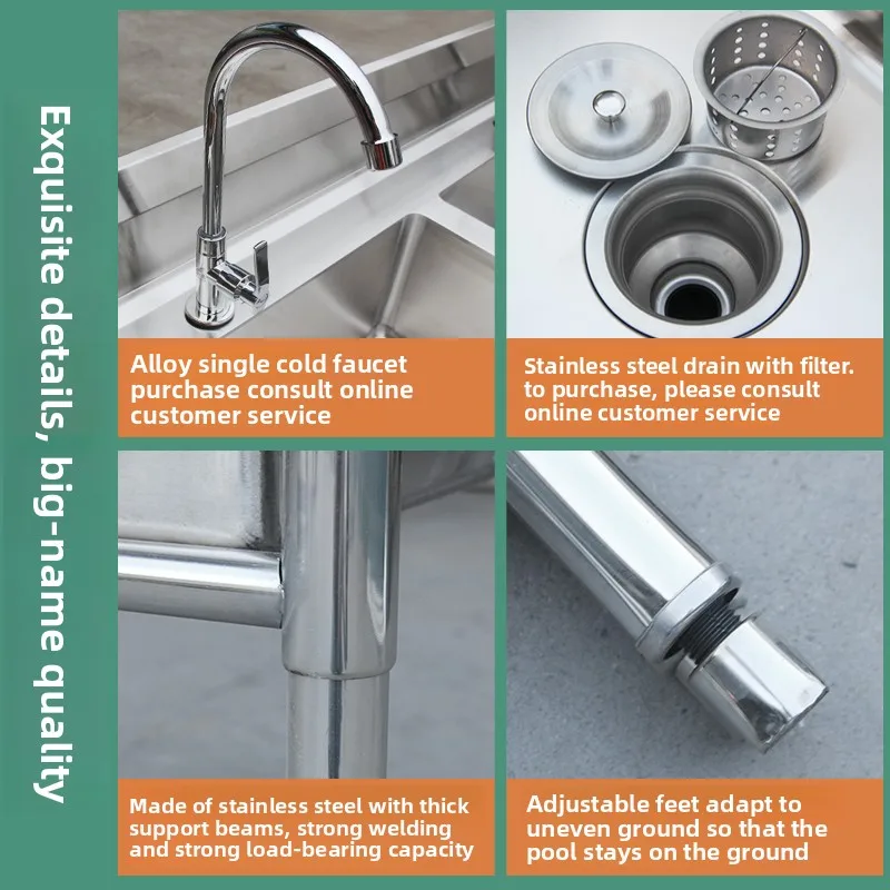 Commercial Stainless Steel Kitchen Sink Single Double Triple Bowl Vegetable Washing Basin Restaurant Dishwashing Sink Durable