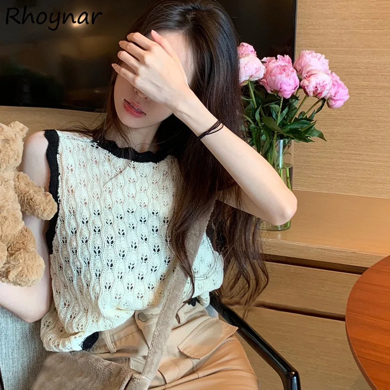 

Sweater Vest Women Summer Hollow Out Design Patchwork Fashion Tender Retro Loose Korean Style All-match Cozy Young Sweet Chic
