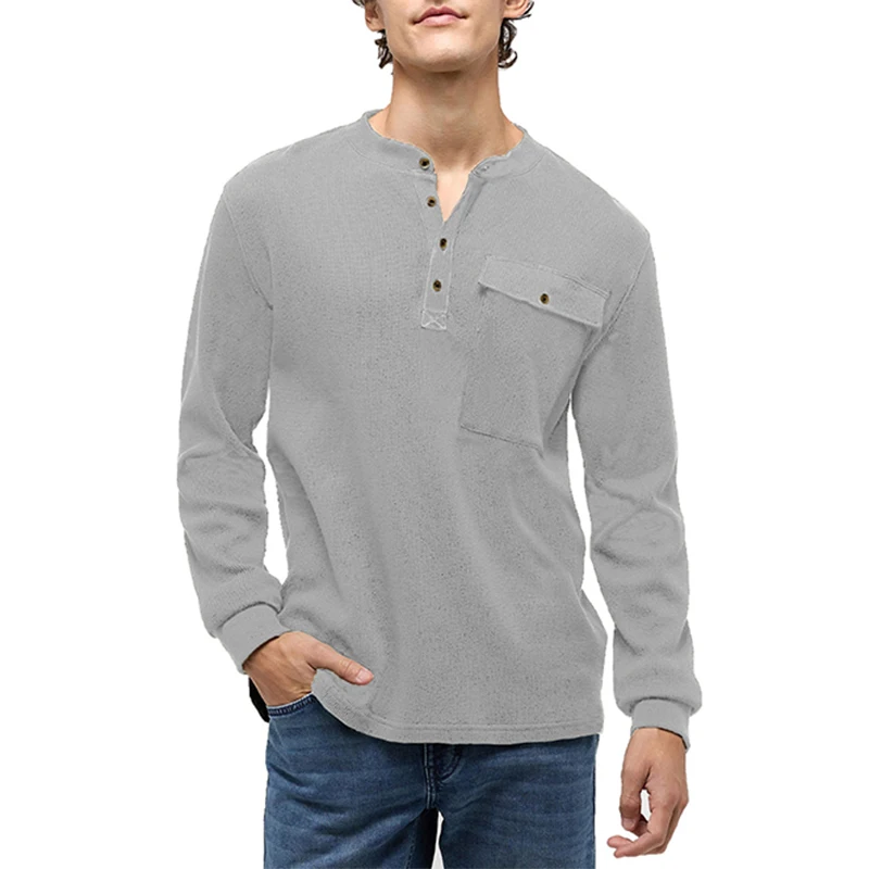 

Повседневные мужские топы с длинным рукавом, однотонные футболки на пуговицах, повседневная мужская футболка с накладным карманом и воротником «Генри» на весну, уличная одежда