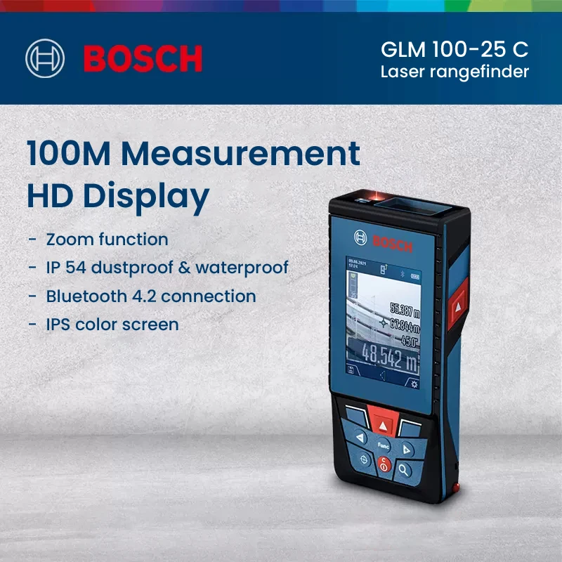 Bosch Glm 100-25 C Telemetro Laser 100M Misuratore Di Distanza Laser 2.8 "Ips Hd Schermo A Colori Bluetooth4.2 Controllo App Misura Digitale