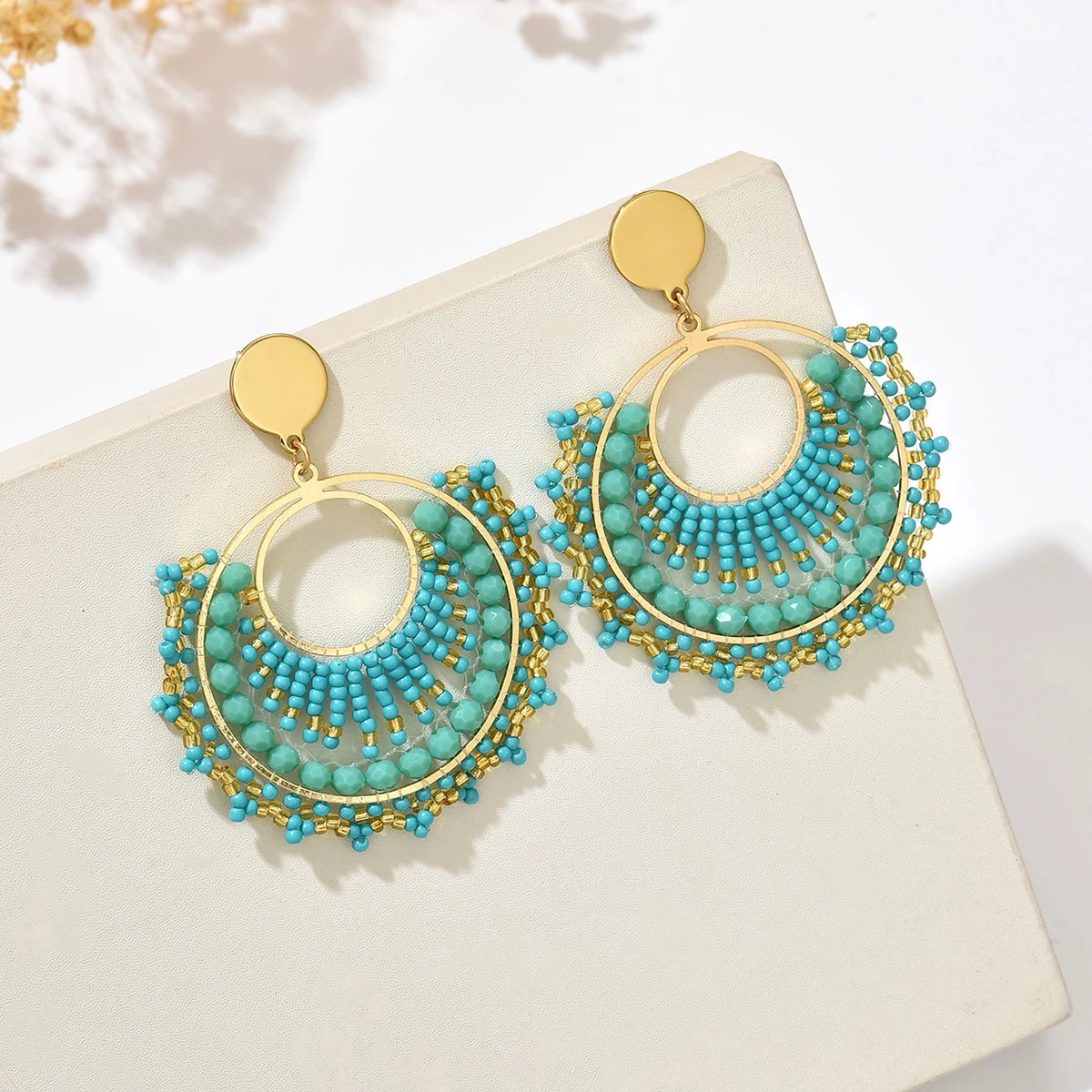 Women’s Bohemian Fan-Shaped Beaded Earrings – Retro Resort Style Jewelry